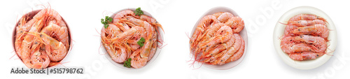 Set of bowls with tasty shrimps on white background, top view