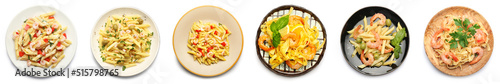 Set of plates with tasty pasta and shrimps on white background, top view