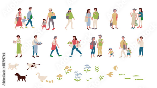 休日のファミリー/男性＆女性のベクターイラスト素材 Weekend people motif vector illustrations.Market/family/shopping
