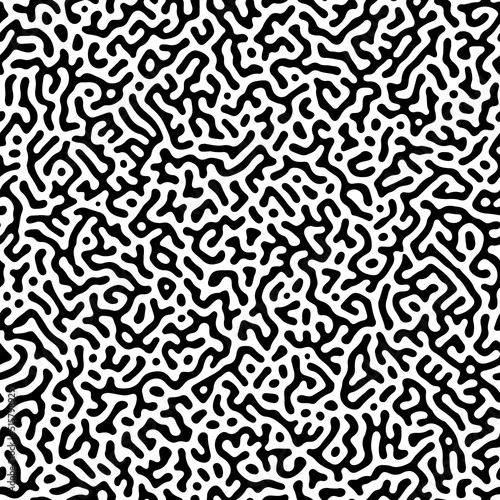 Turing reaction diffusion seamless pattern made via morphogenesis. Black and white natural background with organic structures. Vector illustration of chemical or biological concept. Doodle labyrinth