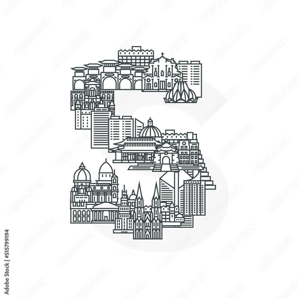 Vector illustration of the letter S consisting of buildings and houses. Trendy linear logo. Suitable for web, advertising, posters, banners and brochures.