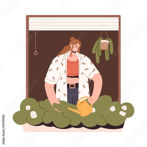 Happy woman watering plants in pot on window sill. Girl caring about home flowers, floral houseplant, green house decoration on windowsill. Flat vector illustration isolated on white background