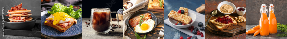 Set of tasty breakfasts on dark background Set of tasty breakfasts on dark background
