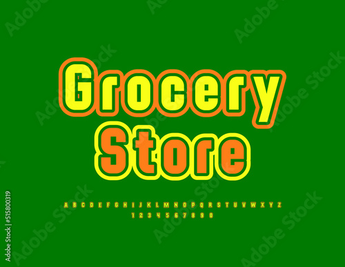 Vector colorful banner Grocery Store. Elegant modern Font. Bright Alphabet Letters, Numbers and Symbols set