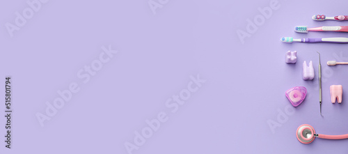 Set for oral hygiene on lilac background with space for text photo