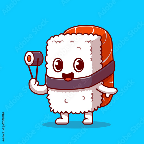 Cute Sushi Salmon Holding Chospsticks Cartoon Vector Icon Illustration. Food And Drink Icon Concept Isolated Premium Vector. Flat Cartoon Style