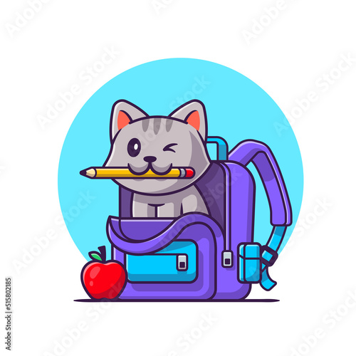 Cute Cat Biting Pencil With Bag And Apple Cartoon Vector Icon Illustration. Animal Education Icon Concept Isolated Premium Vector. Flat Cartoon Style