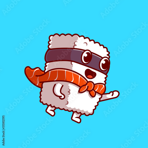 Cute Sushi Salmon Super Hero Cartoon Vector Icon Illustration. Food Hero Icon Concept Isolated Premium Vector. Flat Cartoon Style
