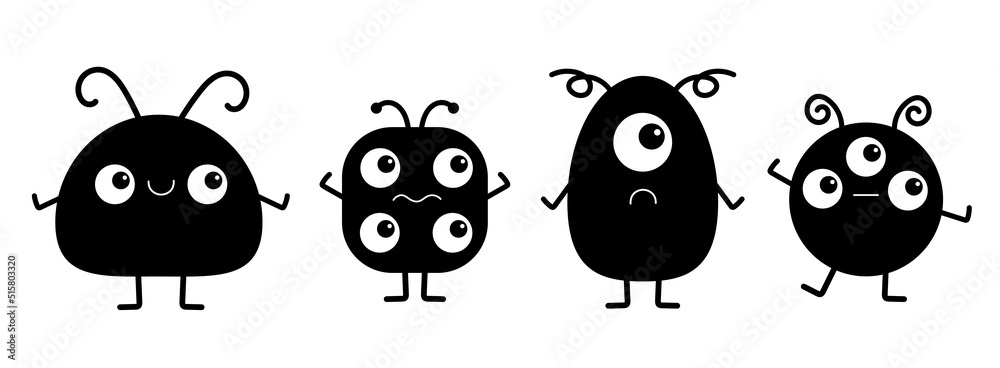 Obraz premium Happy Halloween. Cute monster icon set line. Kawaii cartoon funny baby character. Sticker print template. Black silhouette. Eyes, horn, fang teeth tongue. Flat design. White background.