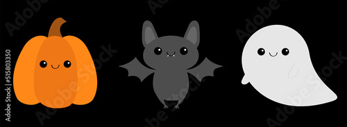 Happy Halloween. Bat, ghost spirit, pumpkin with face. Cute cartoon kawaii funny baby character set. Flat design. Black background. Isolated.
