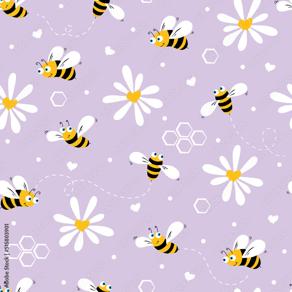 Daisy and bee seamless pattern. Flowers ,hearts, polka dots and cartoon bees on background. Vector. 