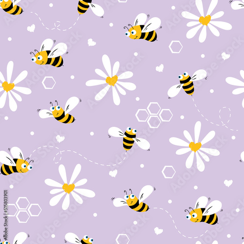 Daisy and bee seamless pattern. Flowers ,hearts, polka dots and cartoon bees on background. Vector.  © Светлана Вдовина