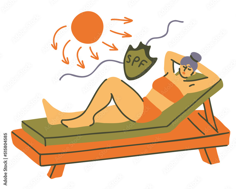 Sunbed Cartoon Female character sunbathing on vacation, protected by sunscreen ...