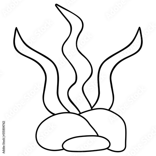 Seaweed behind a rock. Underwater vegetation grows on the ocean floor. Kelp. Sketch. Vector illustration. Outline on isolated background. Coloring book for children. Doodle style. Idea for web design.