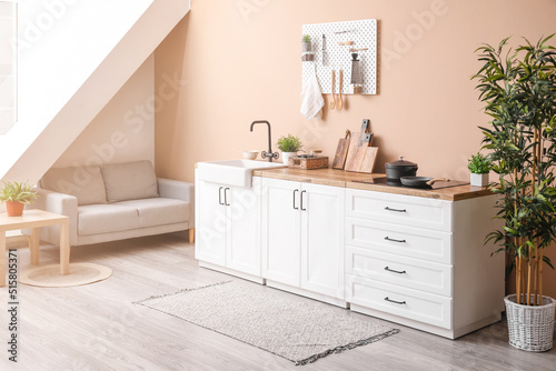 Interior of stylish kitchen with white counters  sink and pegboard