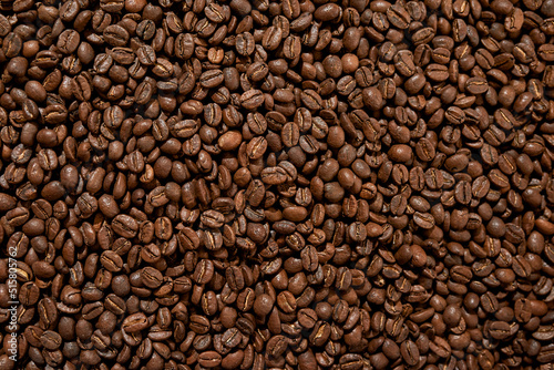 Top view of roasted organic aromatic coffee beans