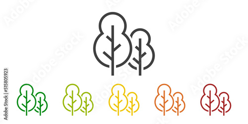 Logo siluetas de árboles geométricos. Vector con líneas en varios colores por las cuatro estaciones