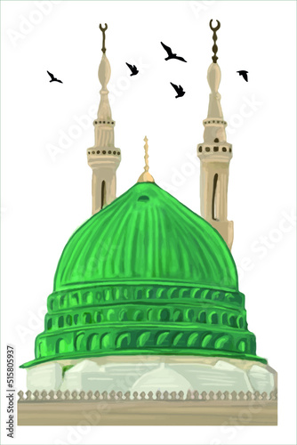 Al Masjid An Nabawi Mecca Saudi Arabia Hand drawn sketch. Vector illustration.