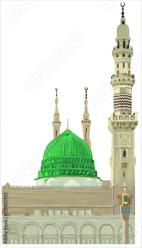 Al Masjid An Nabawi Mecca Saudi Arabia Hand drawn sketch. Vector illustration.