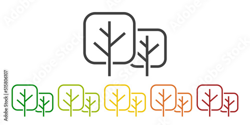 Logo siluetas de árboles geométricos. Vector con líneas en varios colores por las cuatro estaciones