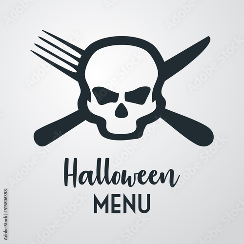 Banner con texto manuscrito Halloween Menu con silueta de calavera con cubiertos en cruz. Logo restaurante. Vector en fondo gris 