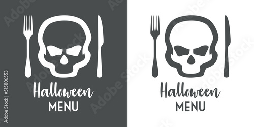 Banner con texto manuscrito Halloween Menu con silueta de calavera con cubiertos. Logo restaurante. Vector en fondo gris y fondo blanco