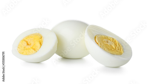 Tasty boiled chicken eggs on white background