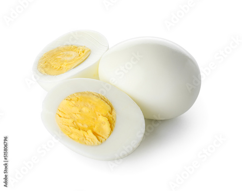 Tasty boiled chicken eggs on white background
