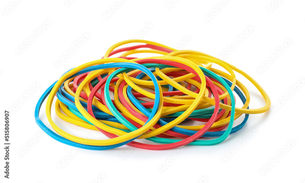 Heap of colorful rubber bands on white background Heap of colorful rubber bands on white background