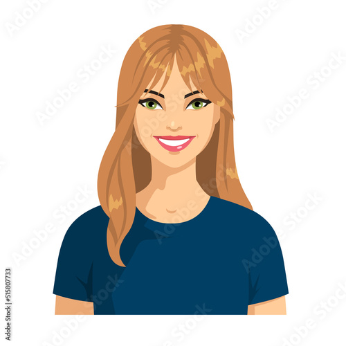 Portrait of a smiling young woman with red hair. Girl with bangs and loose hair isolated on white background. Avatar of a happy woman. Vector.