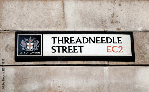 Threadneedle Street sign on the wall in London EC2. photo
