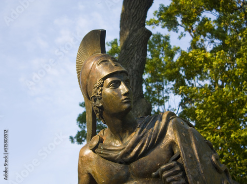 Sculpture of warrior with sword in Alexandria Park in Belaya Tserkov  Ukraine