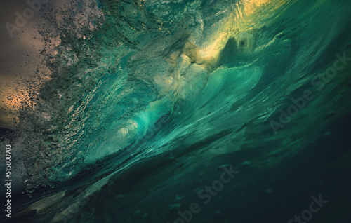 Fototapeta Naklejka Na Ścianę i Meble -  Big sunset rough ocean shorebreak wave inside crest view