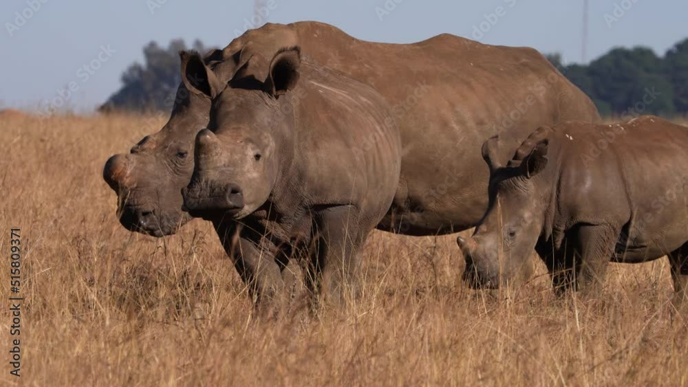 4K video of a Square lipped Rhinoceros walking and grazing in the winter months in a brown field, walking together in a group looking out for predators. De horned to stop poaching. Taken in SA 4K video of a Square lipped Rhinoceros walking and grazing in the winter months in a brown field, walking together in a group looking out for predators. De horned to stop poaching. Taken in SA