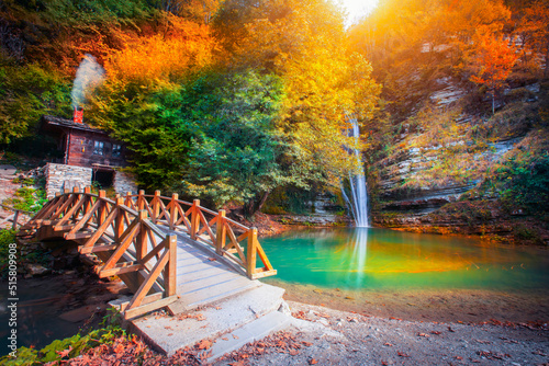 Erfelek Tatlica Waterfalls. Water mill and Wooden Bridge. It is one of the most important waterfalls in Turkey. Near the city of Sinop.