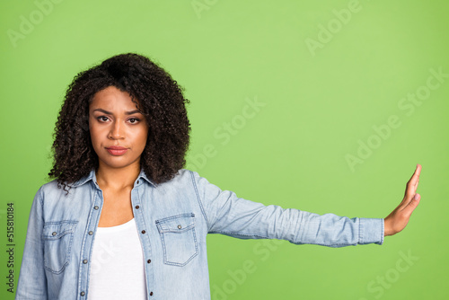 Fotografie Photo of young lady gesture hand stop enough rules rejection symbol isolated ove