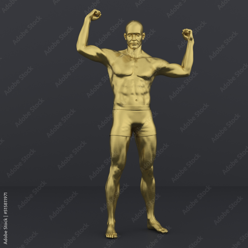 3D Render : Portrait of golden texture male character acting, posing his body with common daily gesture 3D Render : Portrait of golden texture male character acting, posing his body with common daily gesture