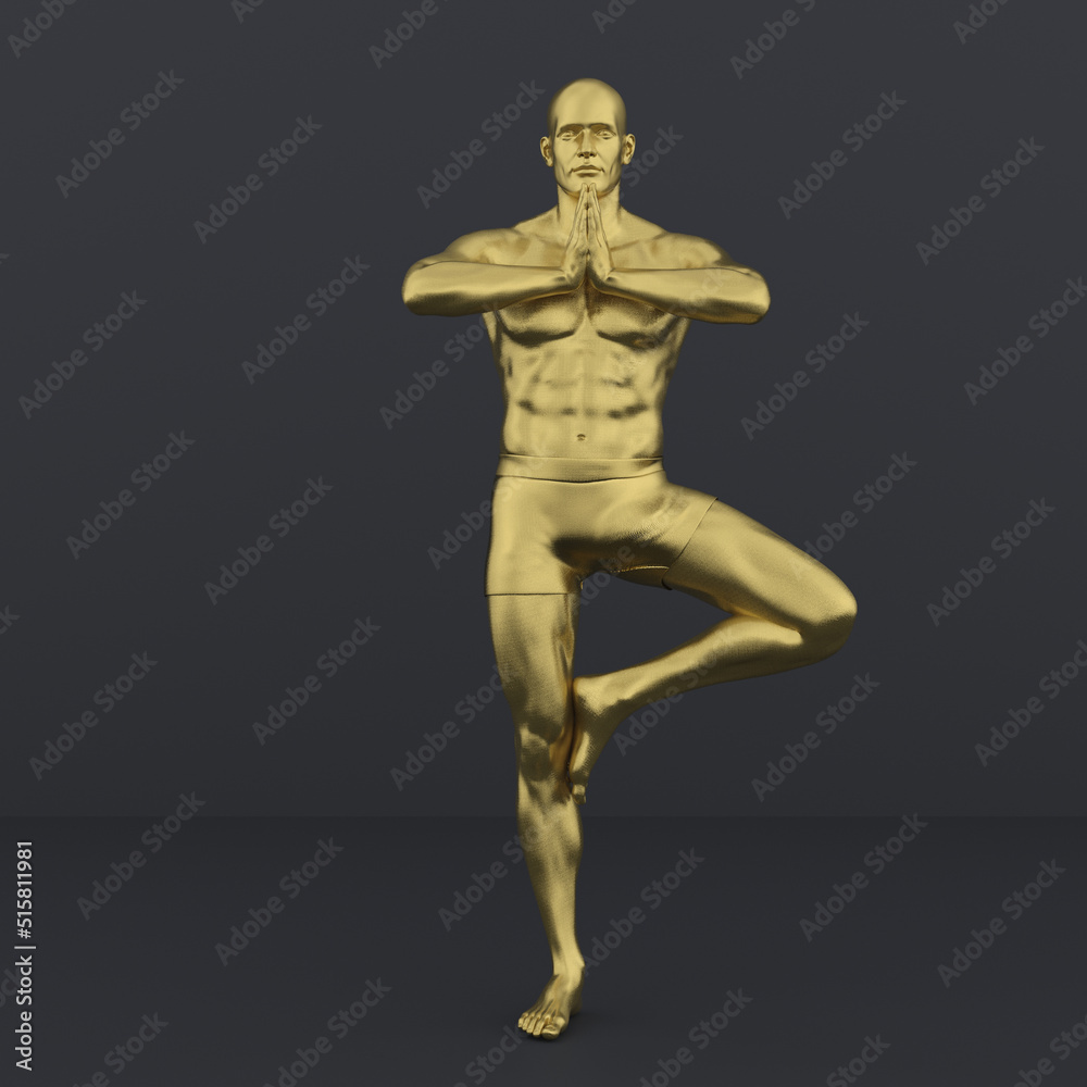 3D Render : Portrait of golden texture male character acting, posing his body with common daily gesture