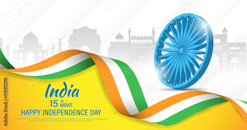Fototapeta 15 th August Indian Independence Day banner template design with Indian flag,  Ashoka Chakra and silhouette of Indian monument