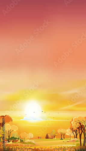 Autumn landscape forest with orange sky sunset,Vector Mid autumn natural in yellow foliage,Cartoon fall season at countryside with forest tree with sunrise,Natural banner for Web, Mobile Screen
