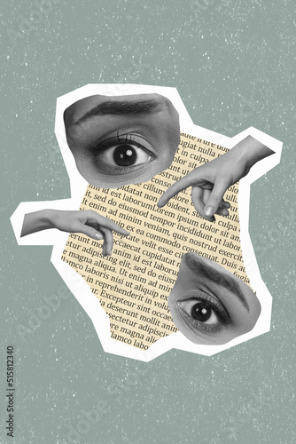 Vertical collage image of two girl eyes arms fingers touch reach black white colors piece text book isolated on creative background
