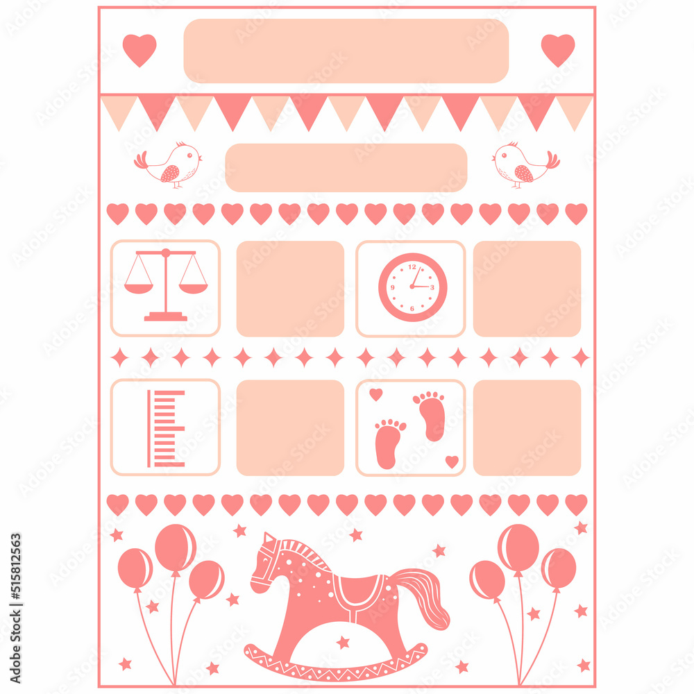 Cartoon template of a child's birth certificate with a wooden horse, metrics. Vector illustration Cartoon template of a child's birth certificate with a wooden horse, metrics. Vector illustration