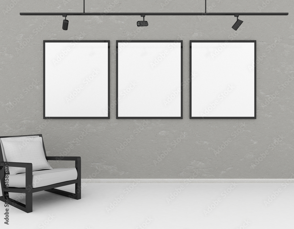 mockup frames on a wall in living room with modern armchair, 3d rendering, illustration mockup frames on a wall in living room with modern armchair, 3d rendering, illustration