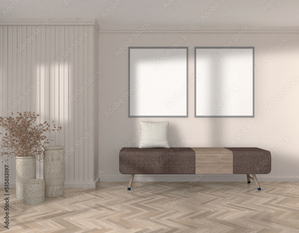 modern living room with bench and frames , 3d rendering, Illustration modern living room with bench and frames , 3d rendering, Illustration