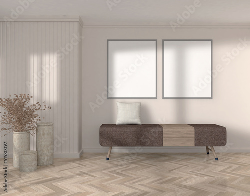 modern living room with bench and frames , 3d rendering, Illustration