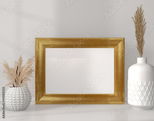 Mockup golden picture frame on floor with vases decoration, 3d rendering, illustration