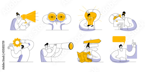 A set of characters on the topic of finding a big idea in business. Vector icons in a modern style.