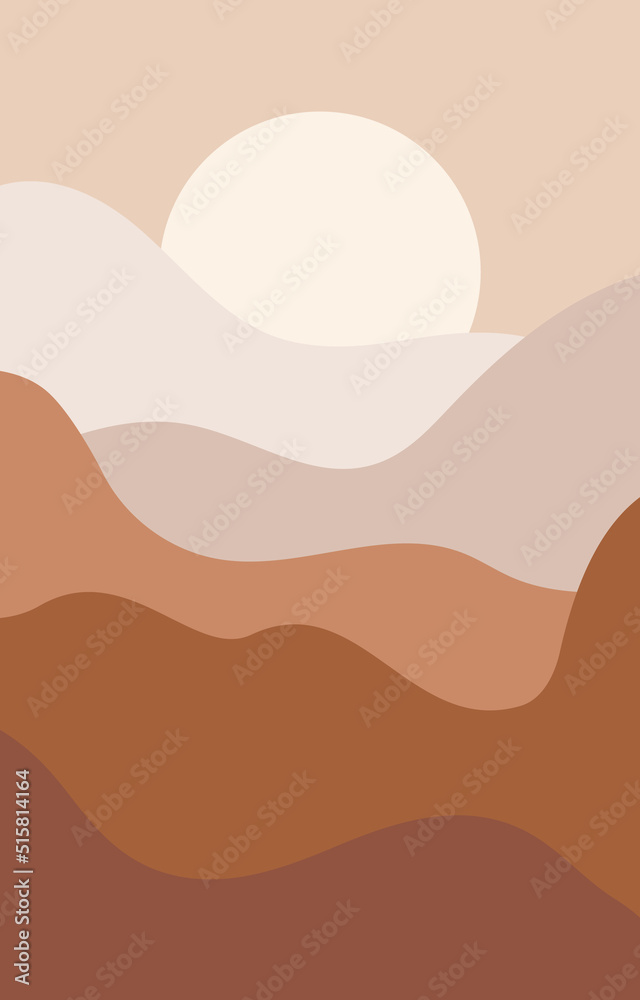 2D illustration flat design with beige color dune or desert waves. Abstract wall art, print decor.
