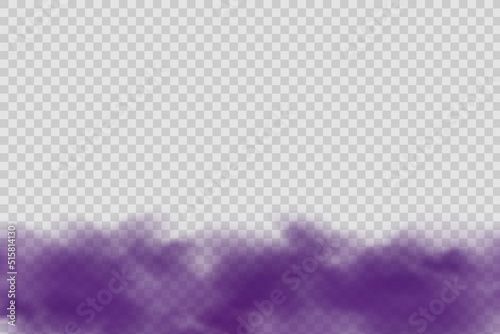 Realistic scary mystical violet fog in night Halloween. Purple poisonous gas, dust and smoke effect.