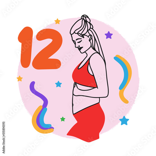 Pregnancy term, counting weeks, pregnant girl, big belly, expectant mother, doodle